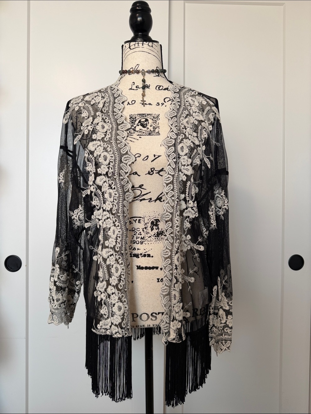 Sheer Black Lace Fringe Kimono